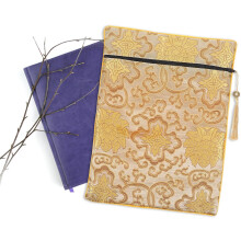 Borsa grande in tessuto stile cinese con cerniera e ricami a nappina, ideale per oggetti vari con citazioni bibliche.
