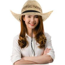 Strå Cowboyhatt Herre Bred Brem Håndvevd Sommer Solhatt Utendørs Fiske Fotturer Camping UV-beskyttelse Svart Polkadot