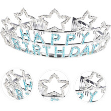 Birthday Crown for Party Blue Star and Alphabet Design Material Rhinestone Embellishment