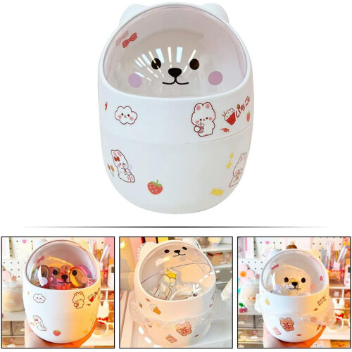 Cute Bear Pen Holder Desktop Waste Container Lid Small Plastic Garbage Can for Nightstand Table 2