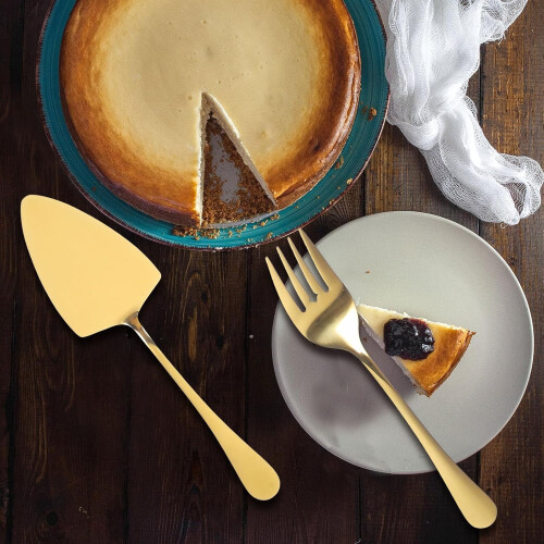 7pcs corte de bolo de aço inoxidável e servindo conjunto com garfos e colheres, pratos de ouro de 12 polegadas 2