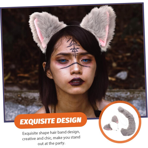 Σετ κορδέλας μαλλιών και ουράς Foxes Ear 2 τεμάχια γκρι γούνινο αξεσουάρ cosplay 2