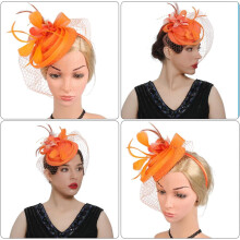 Featherhead Flower Hairpin Mesh Fascinator Headband for Women Tea Party Wedding Decor Bridal Headdress Orange