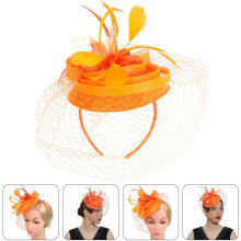 Haarspeld met veren en bloemen, mesh fascinator hoofdband voor dames, theekransje, bruiloft decoratie, bruidshoofdtooi, oranje