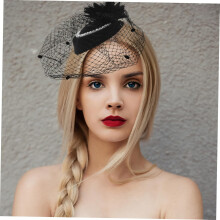 Elegante tocado vintage con sombrero de copa para mujer, accesorios para el cabello con perlas y velo de malla.