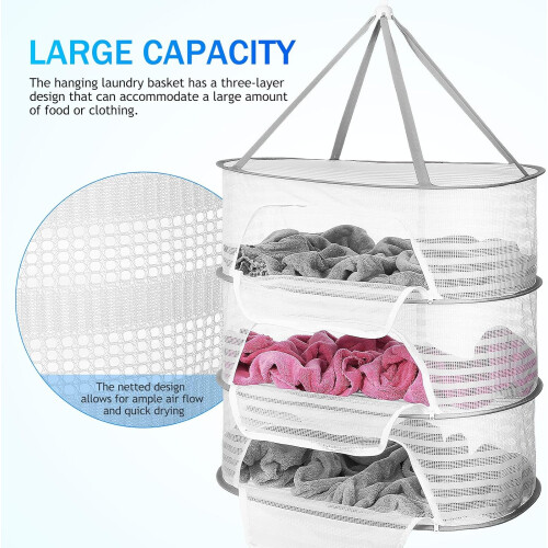 3 Tier Hanging Laundry Basket Socks Drying Net Fabric with Strong Webbing Edges Ventilation 2