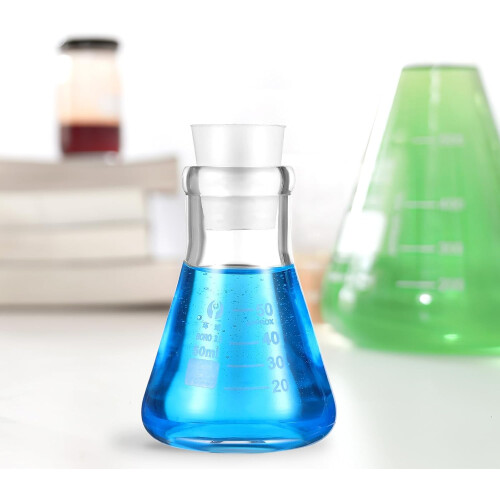 Erlenmeyer-pullosetti, 50 ml:n lasinen kartiomainen pullo kumitulpalla, 4 kpl 10 ml 2