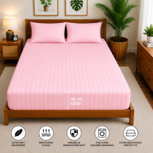 (Pink, King:152 X 200 CM.) Stripe Fitted Bed Sheets Hotel Quality Extra Deep 40 CM Fitted Sheet