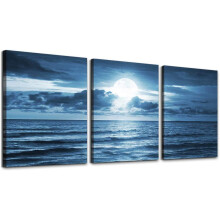 Tableau mural en toile « Mer bleue et lune » en 3 parties, 30 x 40 cm