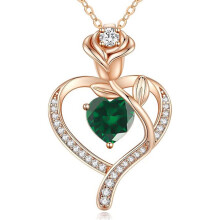 (【May】 Green Diamond, White gold) Classic Elegant Women's New Eternal Heart S925 Sterling Silver Rose CZ Necklace, 12 Birthstone Pendant Choker