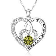 (【August】Light Green Diamond) Classic Elegant Women's New Eternal Heart S925 Sterling Silver Necklace, 12 Birthstone Heart Pendant