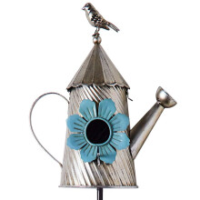 Metal birdhouse garden stake blue