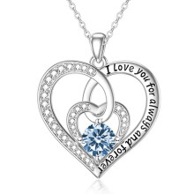 (March light blue) Classic Elegant Women's New Eternal Heart S925 Sterling Silver Necklace, 12 Birthstone Heart Pendant