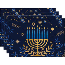 Podkładki na stół Chanuka z motywem gwiazdy Dawida, rustykalne, lniane, 4 szt.