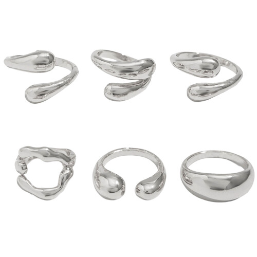 6 Pieces Modern Metallic Lavas Texture Rings Stackable-silver