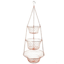 Wrought Iron Foldable 3 Tiers Hanging Basket For Fruits-Copper