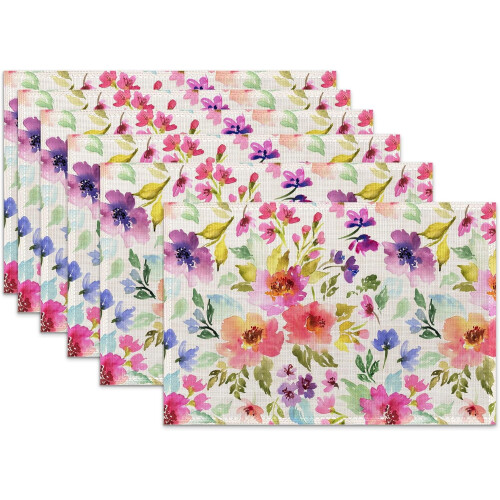Set de 6 sets de table en lin, motif floral aquarelle