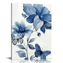 Tableau sur toile bleu marine marguerite avec papillon, encadré