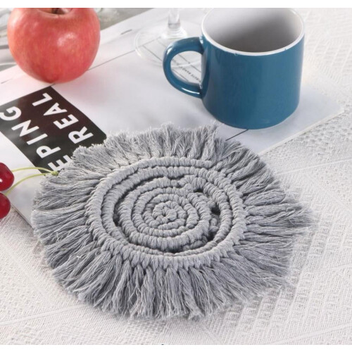 Gray Cotton Woven Coasters with Tassels – 4-Pack