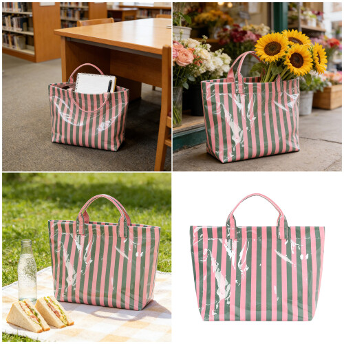 Classical Striped Carryall Bag PVC Construction-green powder 2