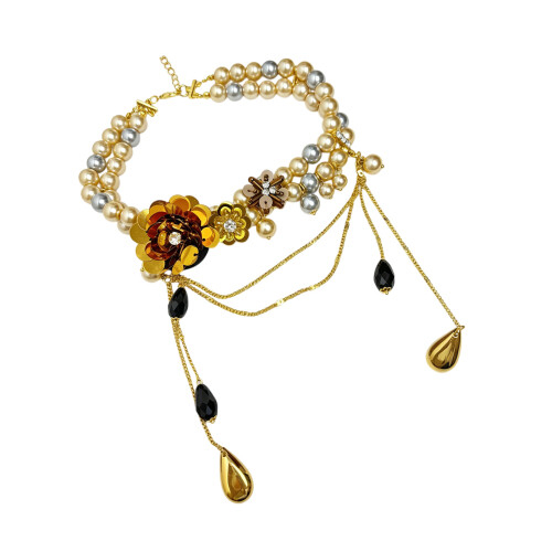 Romantische Halskette mit baumelnden Perlen und Fransen,-Gold