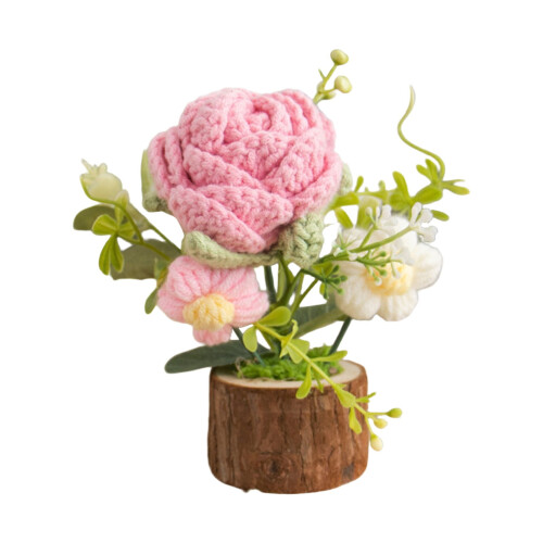 Ornamento de rosa em lã tecida à mão com base de madeira 1