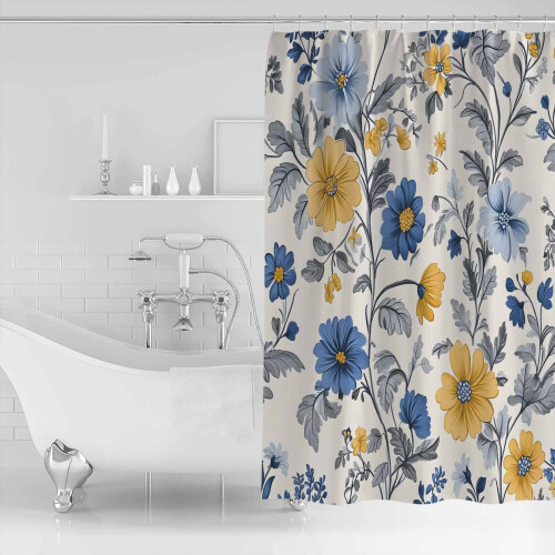 Gelber und blauer Duschvorhang mit Blumenmuster, 183 x 183 cm 1