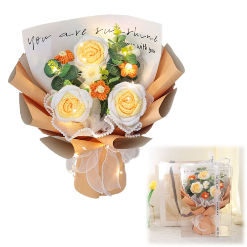 Strikket blomsterbuket – Roser Solsikker Nelliker – 1