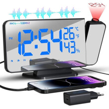 180 Projector Alarm Clock Radio - with FM Radio, 2 Alarms, Snooze Function, USB Charging, LED Digital Alarm Clock, Mirror Screen, 4 B