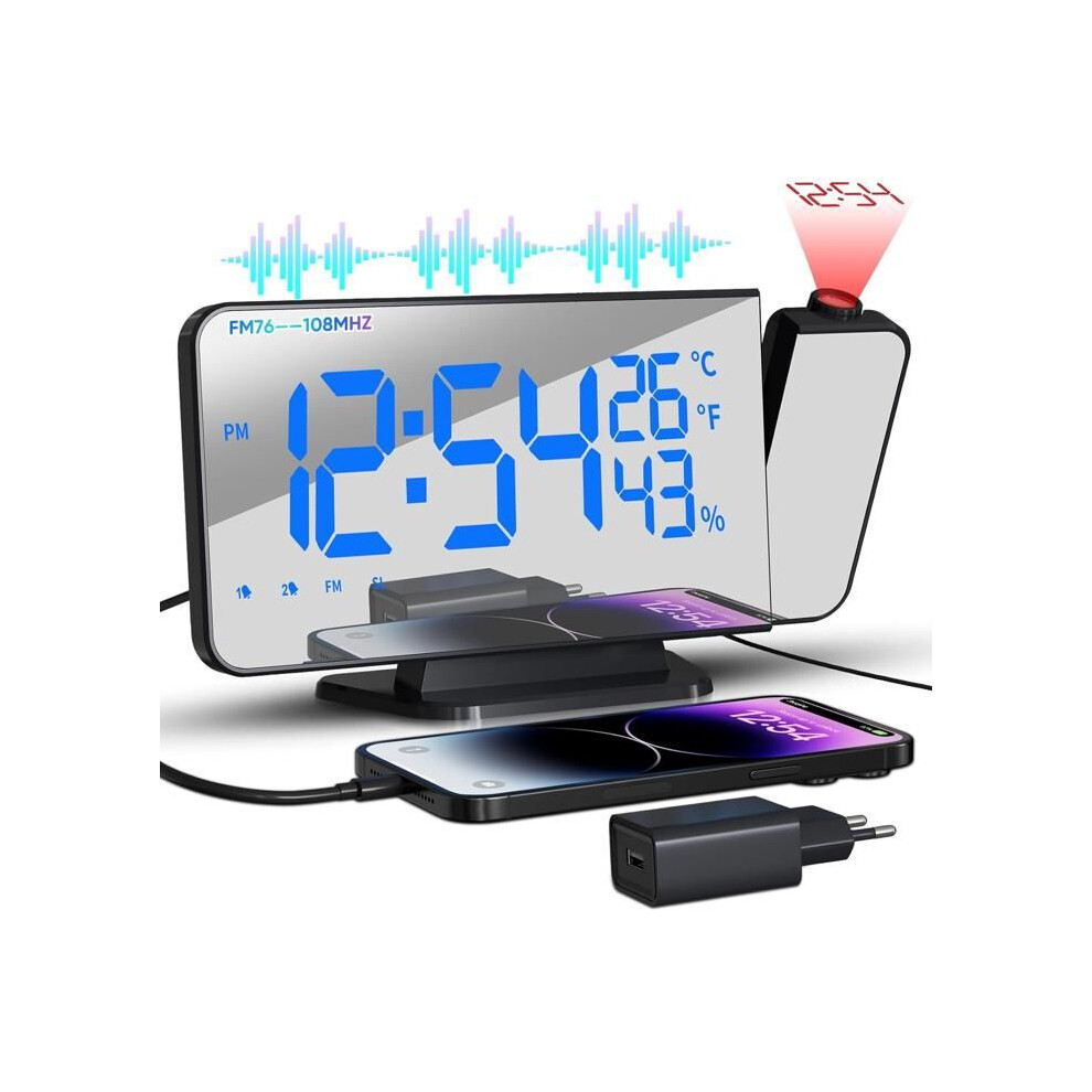 180 Projector Alarm Clock Radio - with FM Radio, 2 Alarms, Snooze Function, USB Charging, LED Digital Alarm Clock, Mirror Screen, 4 B