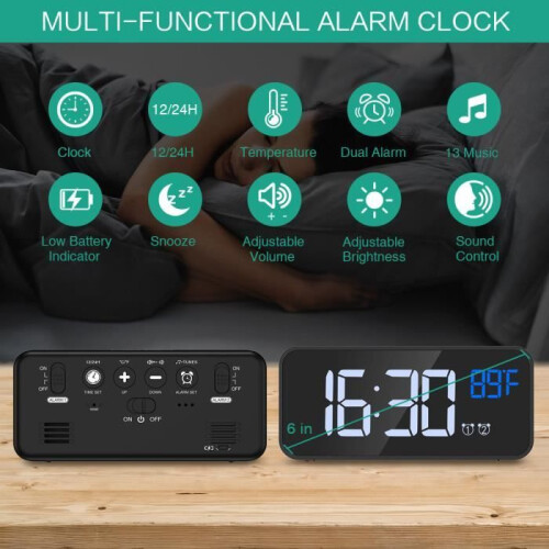 Digital Alarm Clock, LED Alarm Clock, Thermometer Function, Snooze, 2 Alarms, 12/24H, USB Powered (Black)