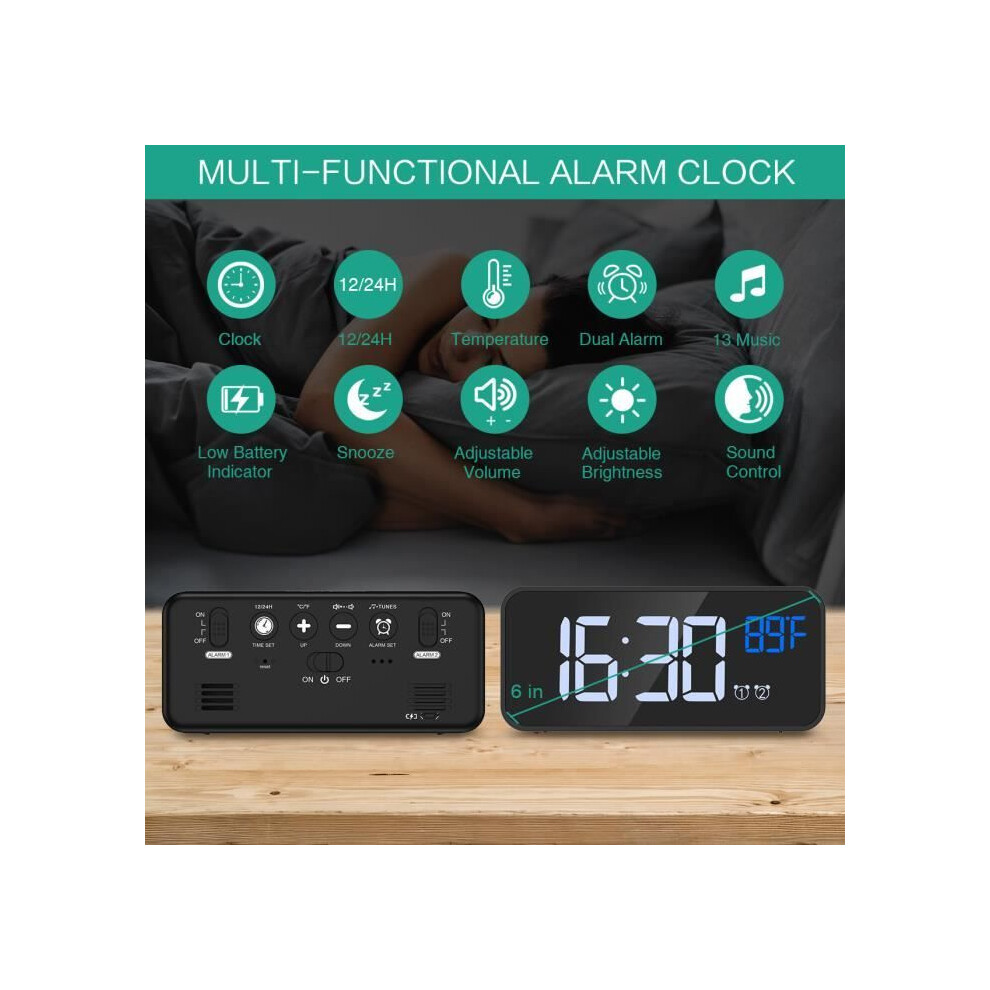 Digital Alarm Clock, Led Alarm Clock, Thermometer Function, Snooze, 2 Alarms, 12/24H, Usb Powered (Black) Black