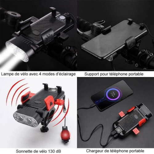 Bicycle light, bicycle headlight with phone holder and 130 decibel horn