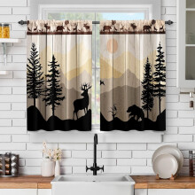 Rideaux de cuisine cabane en forĂŞt, motif ours, cerf et coucher de soleil