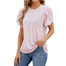 Womens Casual Crew Neck Short Sleeve Pleated Tops-Pink M