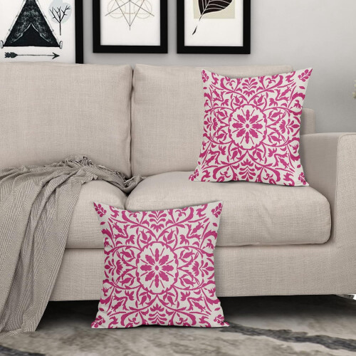 Conjunto de 2 capas de almofada boho rosa choque em linho, 50x50cm (20x20 polegadas). 2
