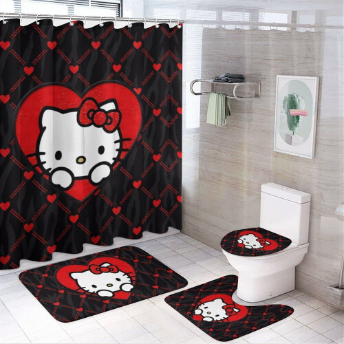 Ensemble rideau de douche Hello Kitty avec tapis de bain antidérapant et