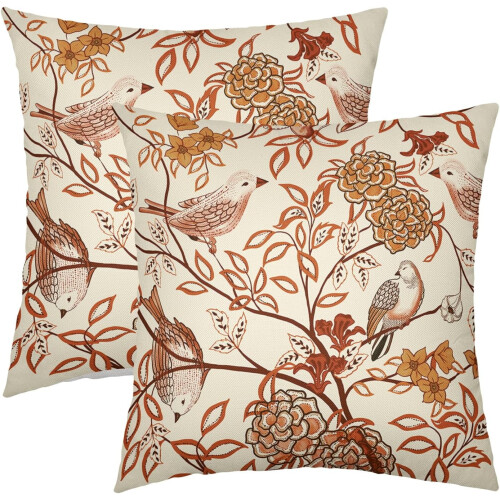 Conjunto de 2 capas de almofada com estampa floral de pássaros, cor laranja queimado, 40x40cm (16x16 polegadas).
