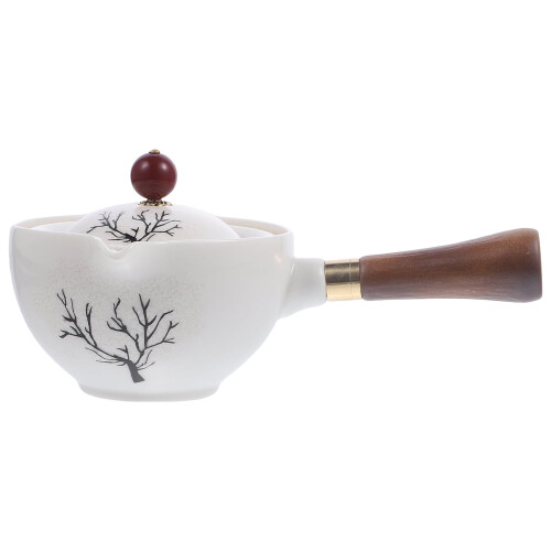 Ceainic ceramic cu mâner lateral din lemn, design cireș 2
