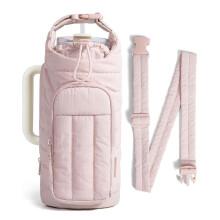 (Lotus-pink) Down Insulated Water Bottle Carrier Portable Large Capacity Crossbody Bag for Outdoor Sports Travel Thermos Holder