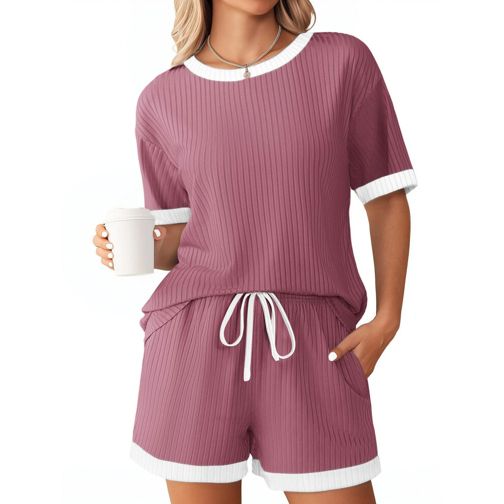 Women's Ribbed Knit Sets, Short Sleeve Top and-dark pink M