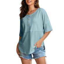 Women's Knit Tops Fashion Elbow Sleeve Button Shirts-Sky Blue M