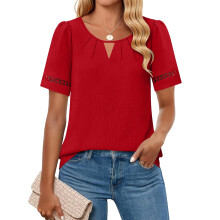 Women's Elegant Hollow Out Crewneck Short-Sleeved Shirt-Red L