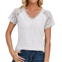 Women V-Neck Summer Tops Lace Short Sleeve Shirts-White XL