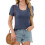 Women's  Short-Sleeved Round Neck Casual Patchwork Lace-Blue M 1
