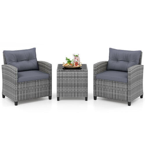 3-Piece Rattan Patio Set with Cushions and Glass Table