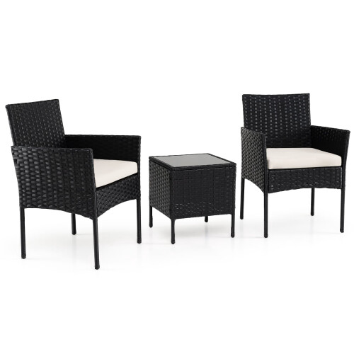 3-Piece Beige Rattan Balcony Set with Glass Table