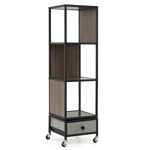 4-Tier Rotating Bookshelf with Wheels and Drawer, Gray