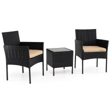 3-Piece Rattan Patio Set with Cushions and Glass Table