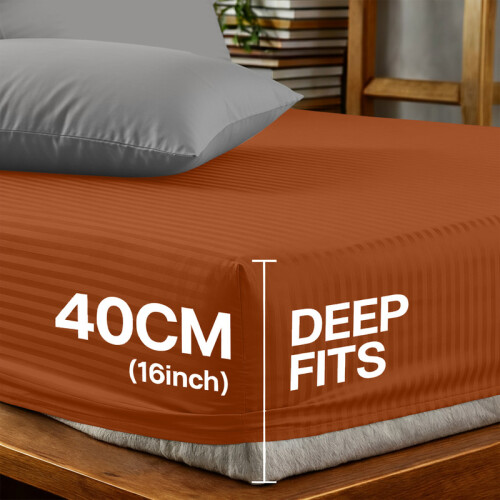 Imperial Rooms (2X King, Rust) 40cm Deep Stripe Fitted Sheet with Free Pillowcases | Extra Deep Stretchable Hotel Quality Fitted Bed Sheets in 2 Pack 2
